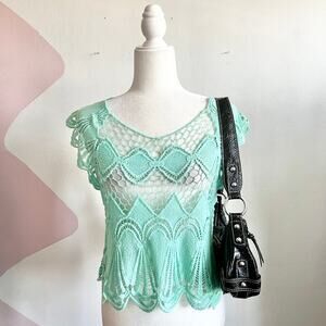 Y2K Green Lace Tank Top, Sheer Y2K Fairycore 2000s Coquette Festival Medium